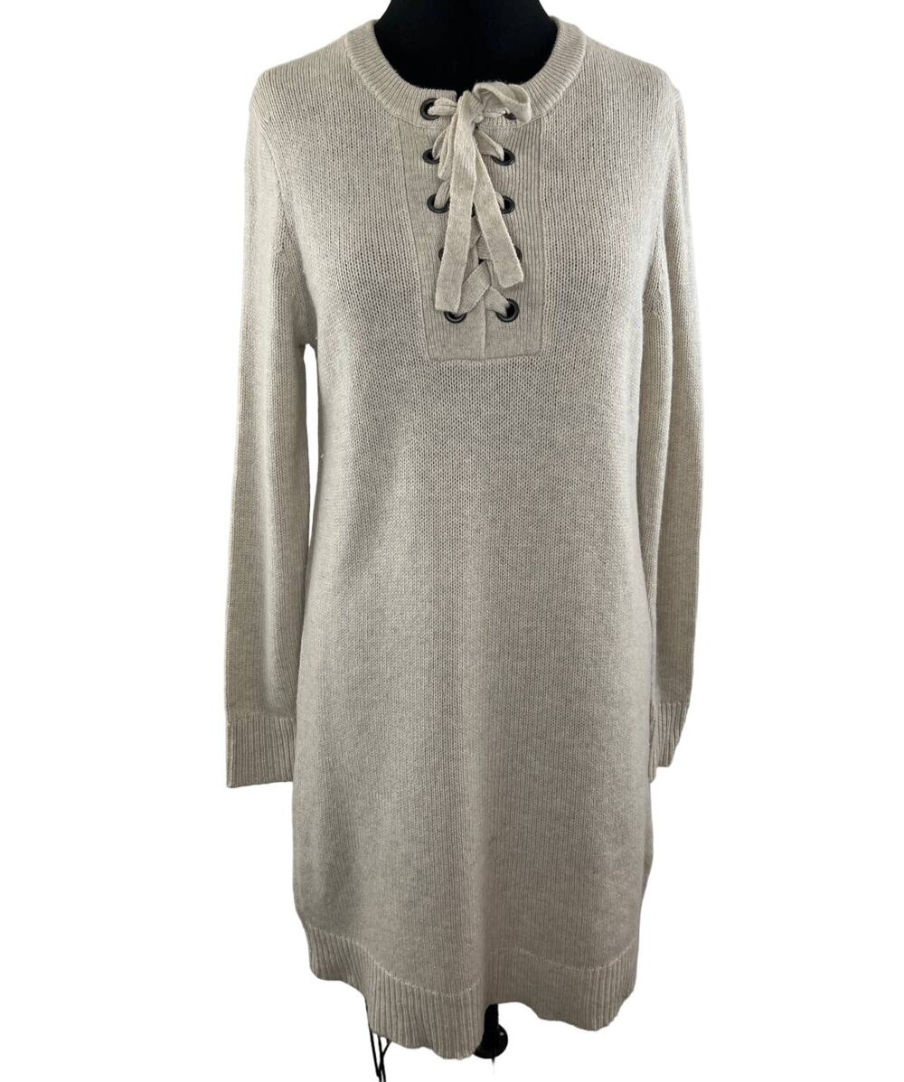 Madewell Lace-Up Merino Wool Mini LS Sweater Dress Ivory F5613 M Medium